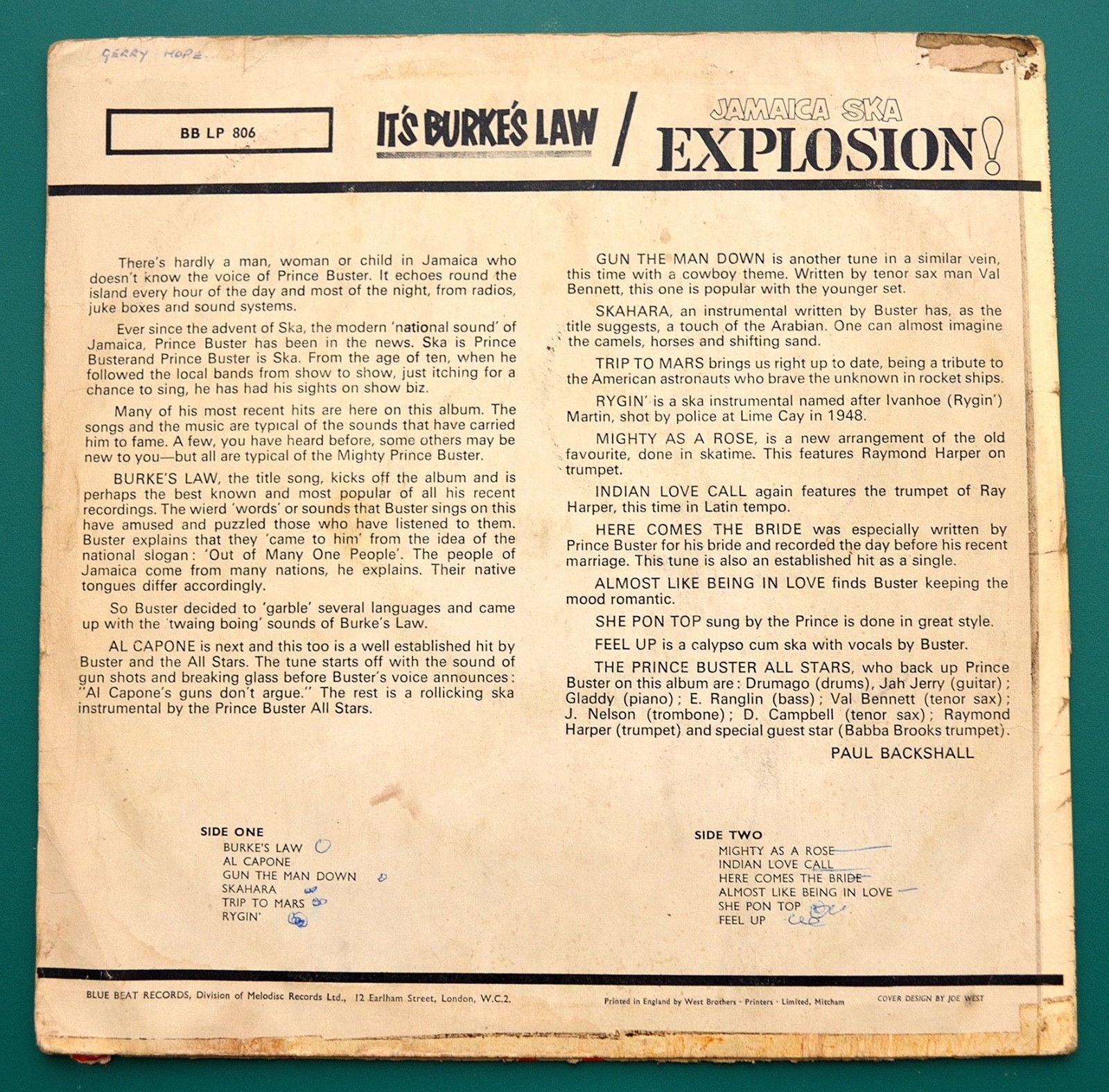 英LP Prince Buster All Stars Its Burkes Law (Jamaica Ska Explosion) BBLP806 BLUE BEAT /00260 Prince Buster All Stars – It's Burke's Law (Jamaica Ska
