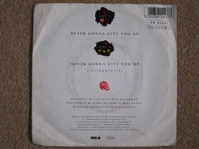 Gripsweat - Rick Astley Signed Never Gonna Give You Up 7 Vinyl Record 45  RPM RICK ROLL RAD