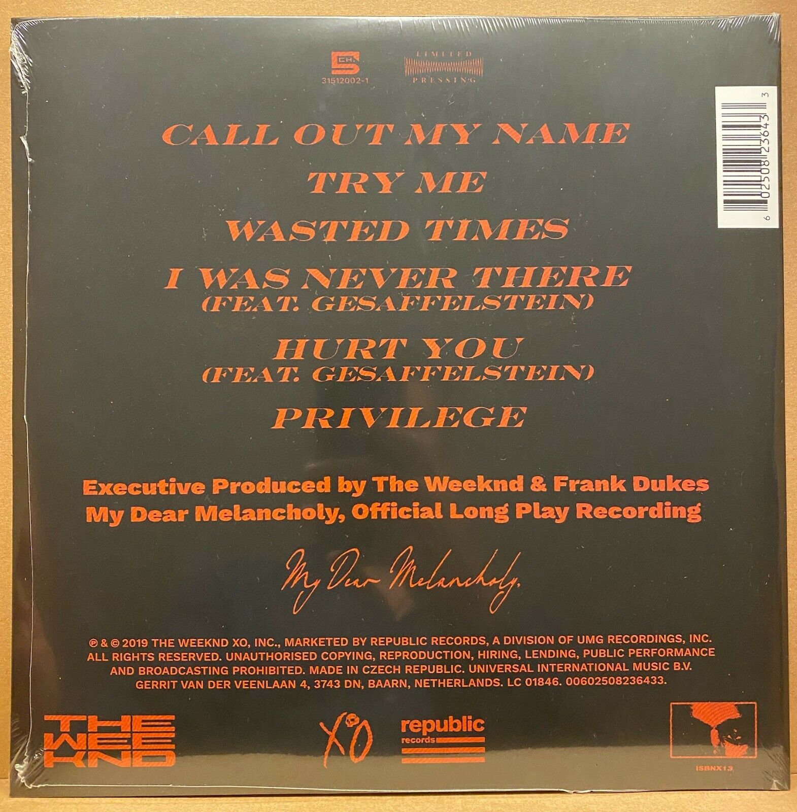 The Weeknd My dear melancholy vinyl record